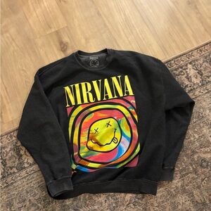 NIRVANA Black Crewneck Sweatshirt with Multicolor Smiley Graphic